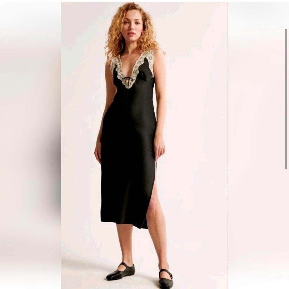 Abercrombie Black Satin Midi Dress with Lace Trim